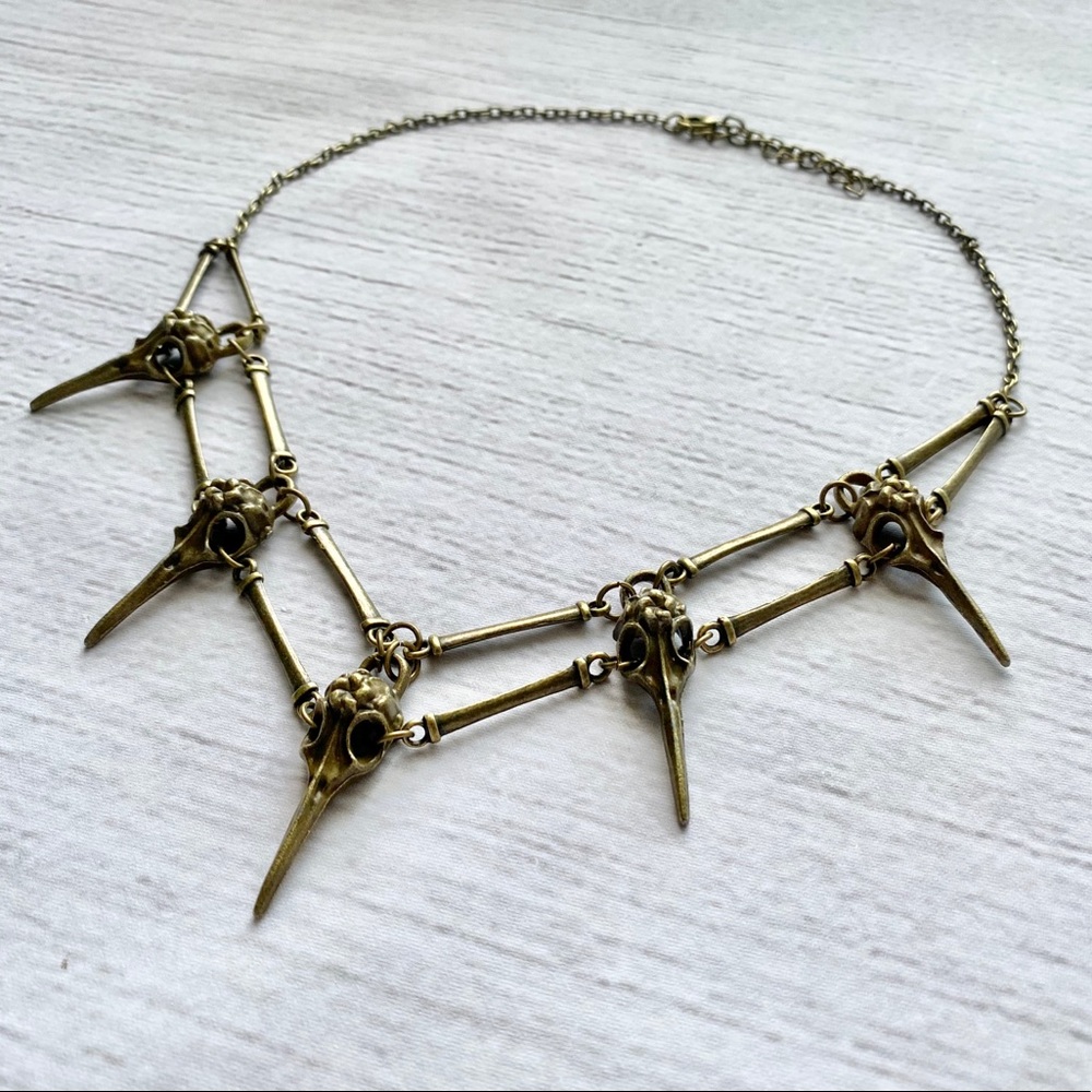 Witchy Bronze Raven Skulls Necklace